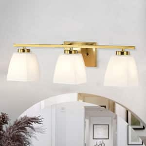 22 in. 3-Light Gold Modern Vanity Light with Square Etched White Glass Shades