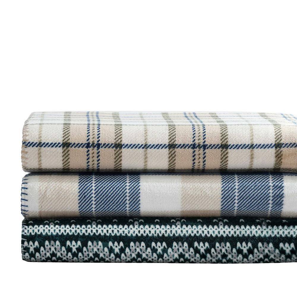 Beige and Green Plaid Fleece Reversible Throw Blanket