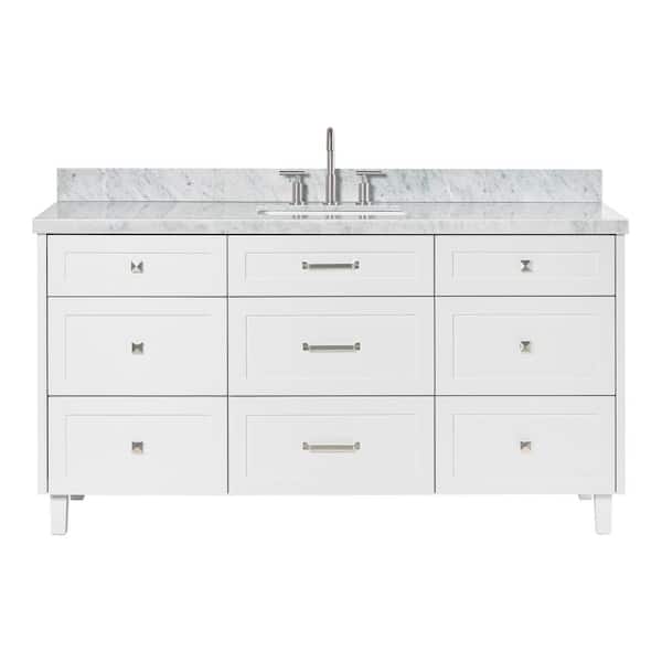 Monroe 66 in. W x 22 in. D x 36 in. H Single Bath Vanity in White with Italian Carrara Marble Top