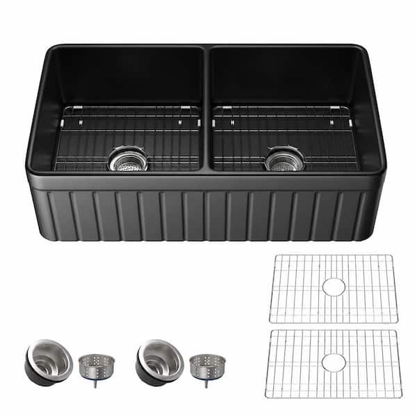 Zeafive Fia 33 in. Farmhouse Apron Front Double Bowls Matte Black