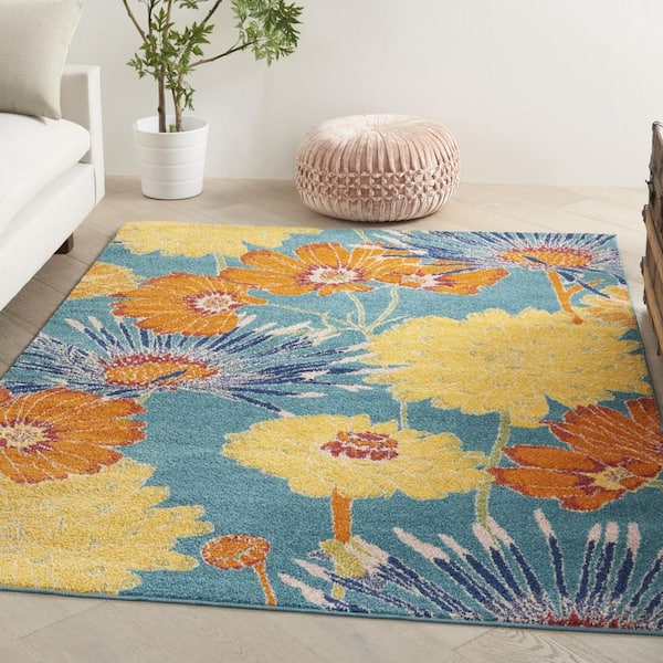 5 ft. x 7 ft. Blue Floral Power Loom Area Rug