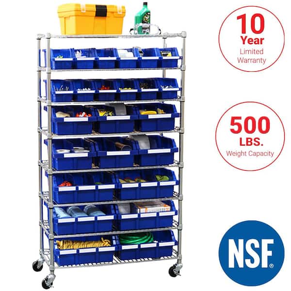 Seville Classics 8-Tier Commercial NSF certified 24-Bin Rack Storage System in Zinc/Blue (36 in. W x 64 in. H x 14 in. D)