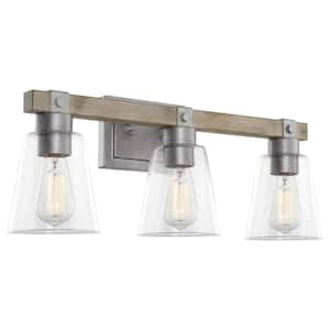 Asher 22.75 in. 3-Lights Galvanized Steel with Bleached Oak Wood Style Farmhouse Bathroom Vanity Light