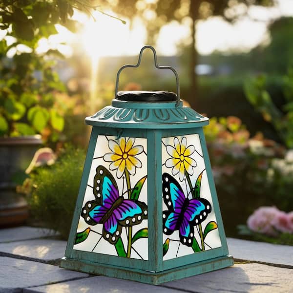 5 in. x 7 in. Green Metal Butterfly Solar Lantern Garden Statue