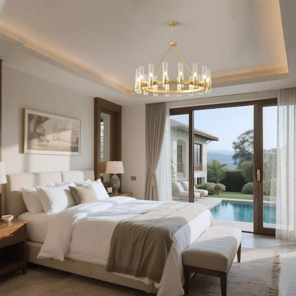 Modern 16-Light Gold Wagon Wheel Chandelier with Clear Glass Shade