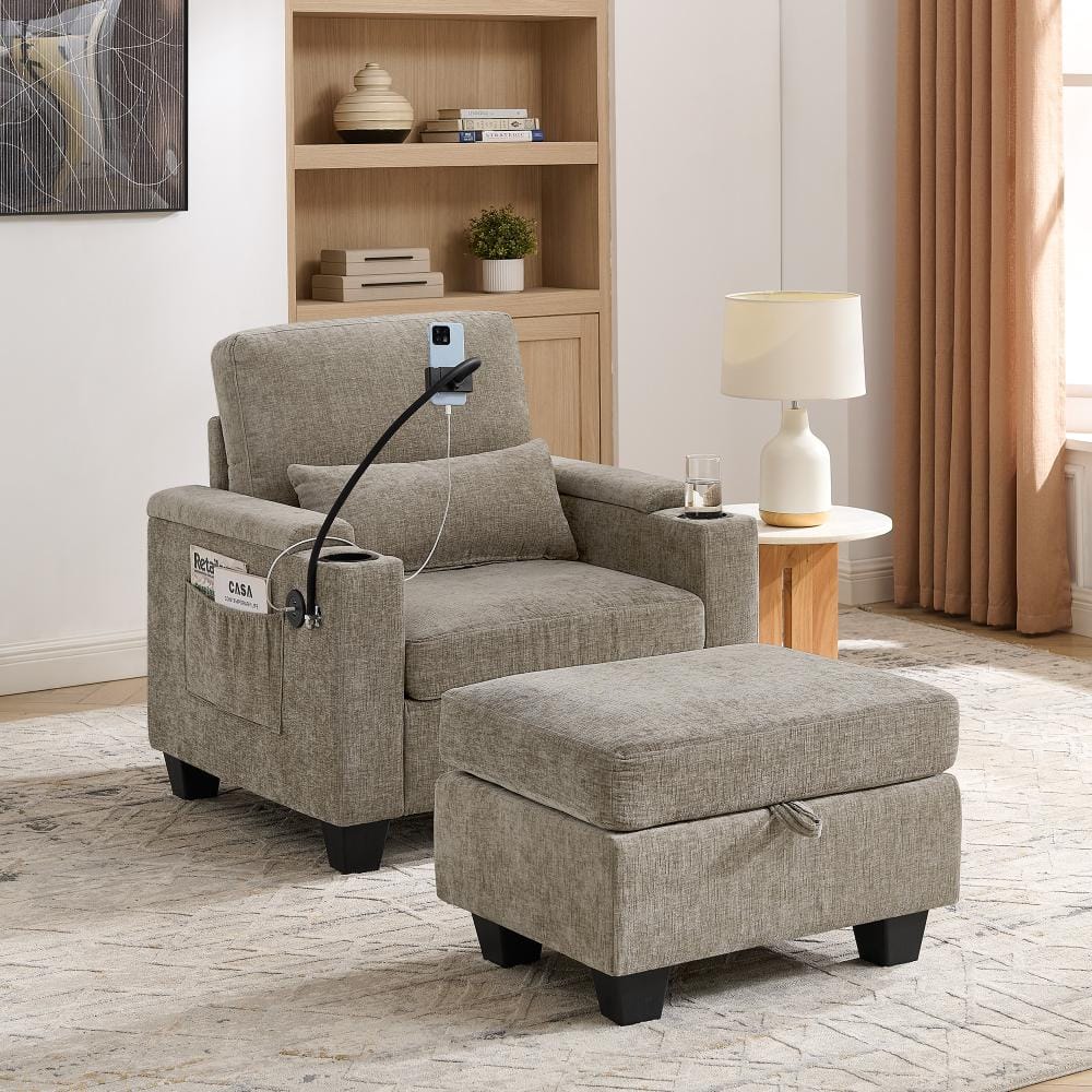 Single Recliner Sofa with Adjustable Backrest,USB Port,Phone Stand,Hidden Storage & Ottoman,Brown price history on PriceWatchPro