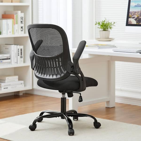 Mesh Adjustable Height Ergonomic Office Chair Mid-Back Swivel Rolling in Dark Black with Flip-up Armrests