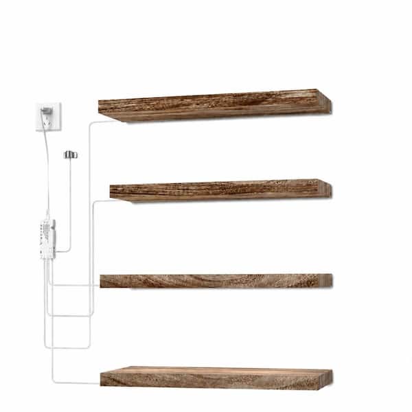 15.8 Inch Floating Wall Shelves with 6000K Dimmable Wired Recessed LED Light Bar Rustic Brown Paulownia