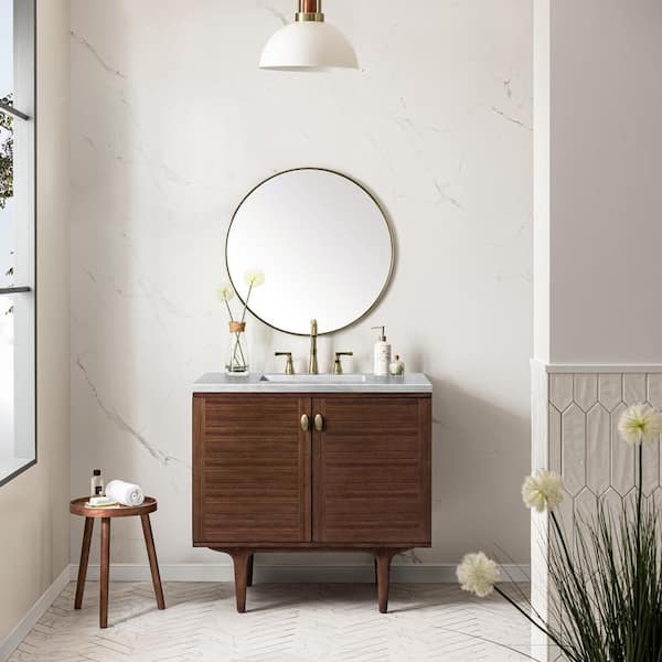 James Martin Vanities Amberly 36.0 in. W x 23.5 in. D x 34.7 in . H Bathroom Vanity in Mid-Century Walnut with Arctic Fall Solid Surface Top