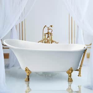 63 in. Acrylic Clawfoot Non-Whirlpool Bathtub in Glossy White With Polished Gold Drain And Polished Gold Clawfeet