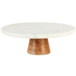 Single-Tier White Marble Mango Wood 12 in. Cake Stand