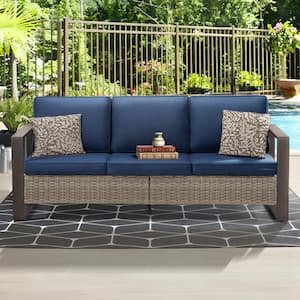 3-Seat Wicker Outdoor Patio Sofa Steel Frame Sectional Couch with Dark Blue Cushions