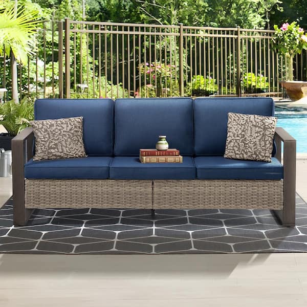 JOYSIDE 3-Seat Wicker Outdoor Patio Sofa Steel Frame Sectional Couch with Dark Blue Cushions
