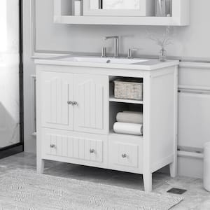 Free-Standing 36 in. W x 18.03 in. D x 32.13 in. H Bath Vanity in White  with  White Ceramic Top  with  White Basin