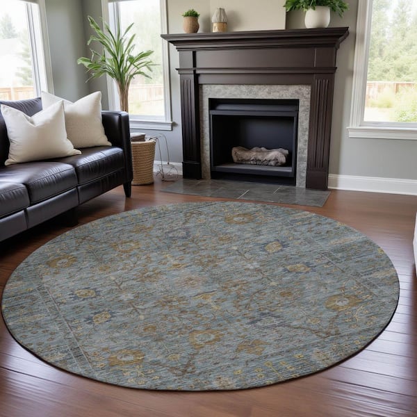 Mayfield Premium Machine Washable Abstract AMF1106 Teal 8 ft. x 8 ft. Round Rug