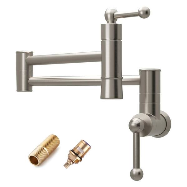 Logmey Wall Mounted Pot Filler Faucet with Folding Double Joint Swing Arms in Brushed Nickel