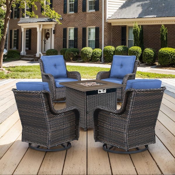 Brown 5-Piece Wicker Patio Fire Pit Set, Outdoor 4-Person Seating Set with Olefin Navy Blue Cushions and Swivel Rockers