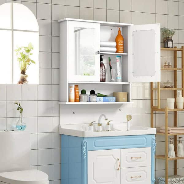 ANGELES HOME 22 in. W x 5 in. D x 23 in. H White Bathroom Wall Cabinet with 2 Mirrored Doors, Adjustable Shelf and Open Shelf