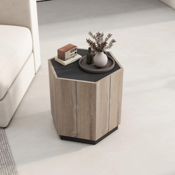 Noble House Nins 17.72 in. Light Oak Hexagonal Particle Board End Table with Drawer, Black Textured Top