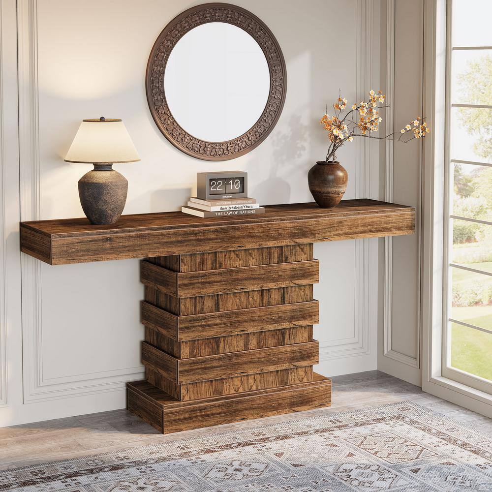 Rustic Brown 63-Inch Wooden Console Table with Storage