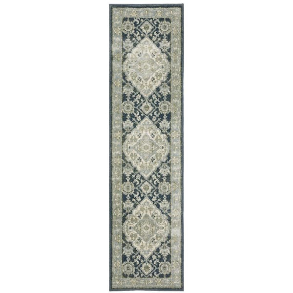 AVERLEY HOME Brixworth Blue/Ivory 2 ft. x 7 ft. Traditional Oriental Medallion Polypropylene Indoor Runner Area Rug