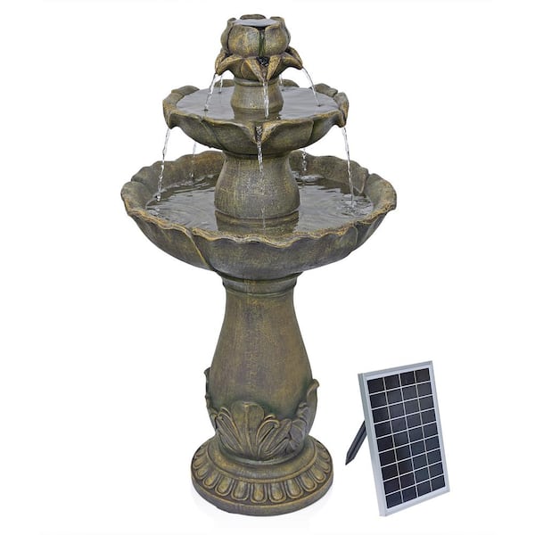 Alpine Corporation 34 in Tall Solar Multi-Tiered Flower Style Outdoor Water Fountain, Brown