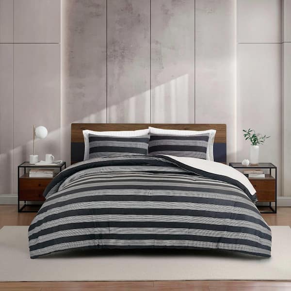 Banded Stripe Textured 7-Piece Black Microfiber Queen Bed in a Bag