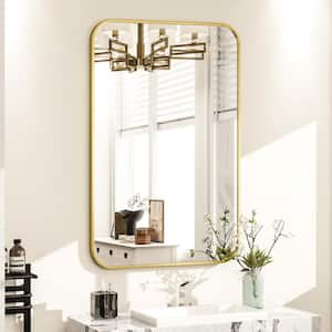 Rectangular Modern Gold Aluminum Framed Rounded Bathroom Mirror Wall Mirror 24 in. W x 35.8 in. H