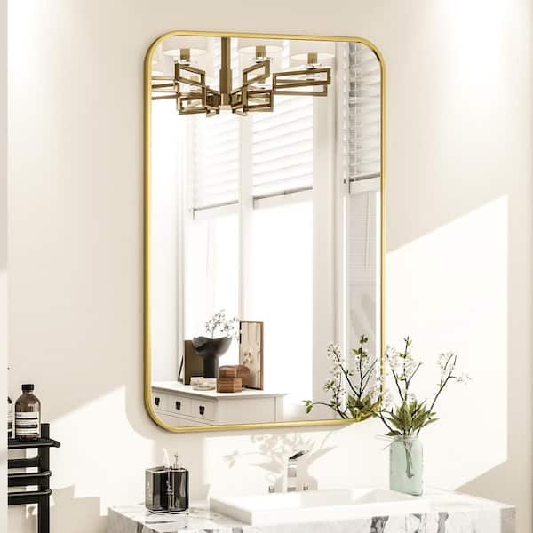 XRAMFY Rectangular Modern Gold Aluminum Framed Rounded Bathroom Mirror Wall Mirror 26 in. W x 37.8 in. H