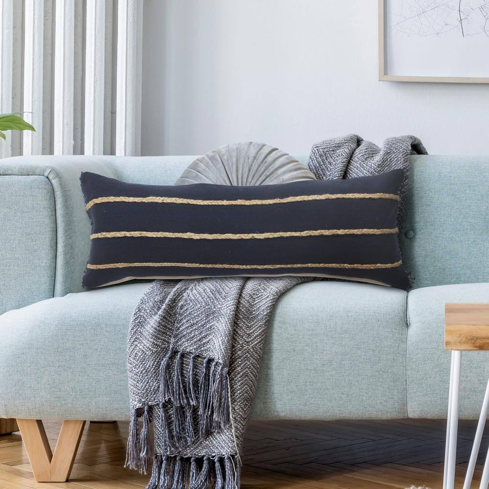 Navy and Tan Jute Braided Rectangular Lumbar Pillow