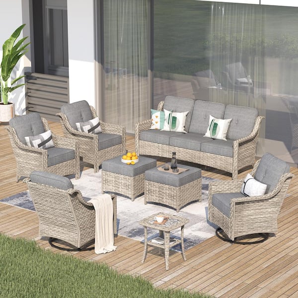 weaxty W Tulip K Gray 8-Piece Wicker Patio Outdoor Conversation Sofa Set with Swivel Rocking Chairs and Dark Gray Cushions