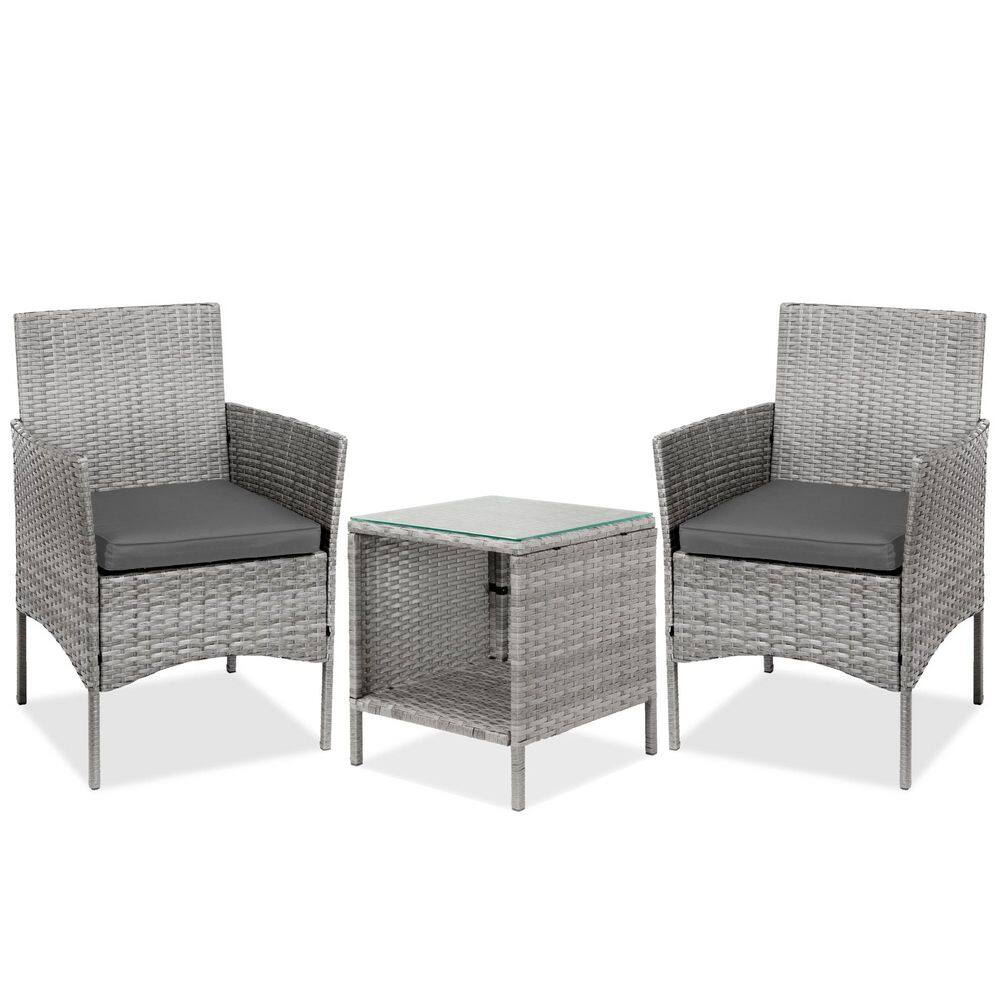 Gray Wicker 3-Piece Outdoor Bistro Set with Cushions and Glass Tabletop