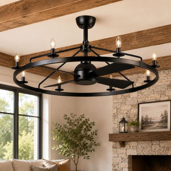 42 in. Farmhouse Matte Black Wagon Wheel Downrod Mount Fandelier Ceiling Fan with Lights and Remote Control