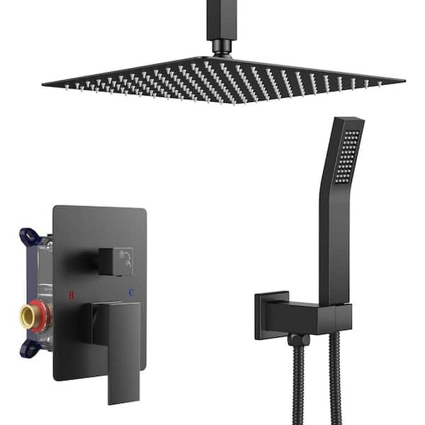 1-Spray Square High Pressure Ceiling Mount Rain Shower Faucet Set with Hand Shower in Matte Black
