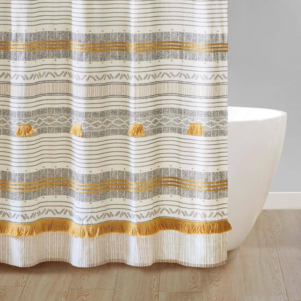Gray and Yellow Cotton Striped Shower Curtain with Tassels