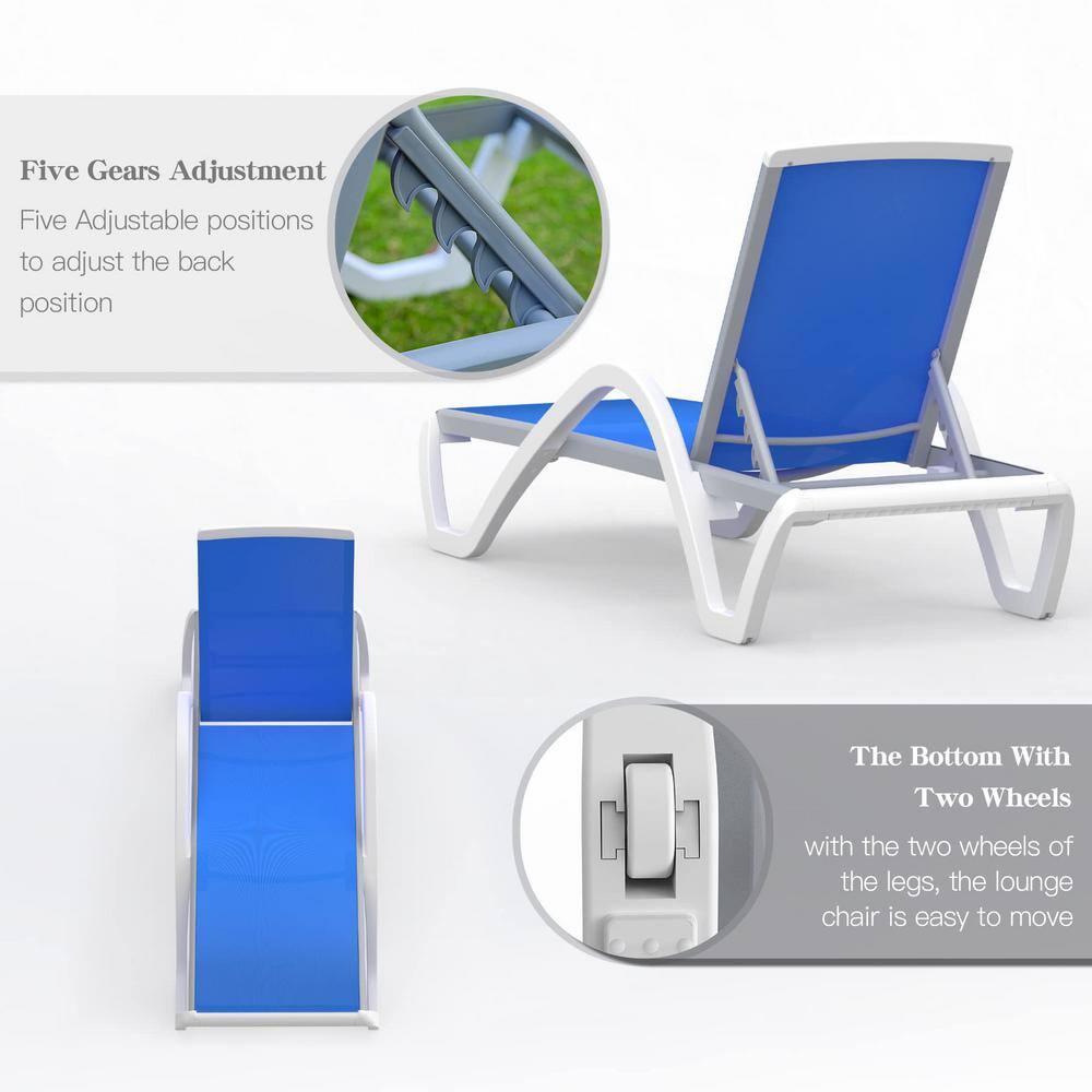 Blue Aluminum Adjustable Outdoor Chaise Lounge Set with Table