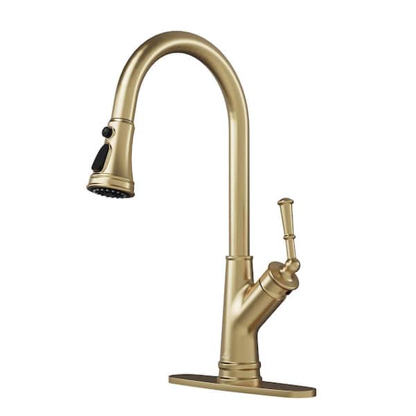 Boyel Living 3-Spray Patterns Single Handle Pull Down Sprayer Kitchen Faucet with Deckplate and Water Supply Hoses in Brushed Gold
