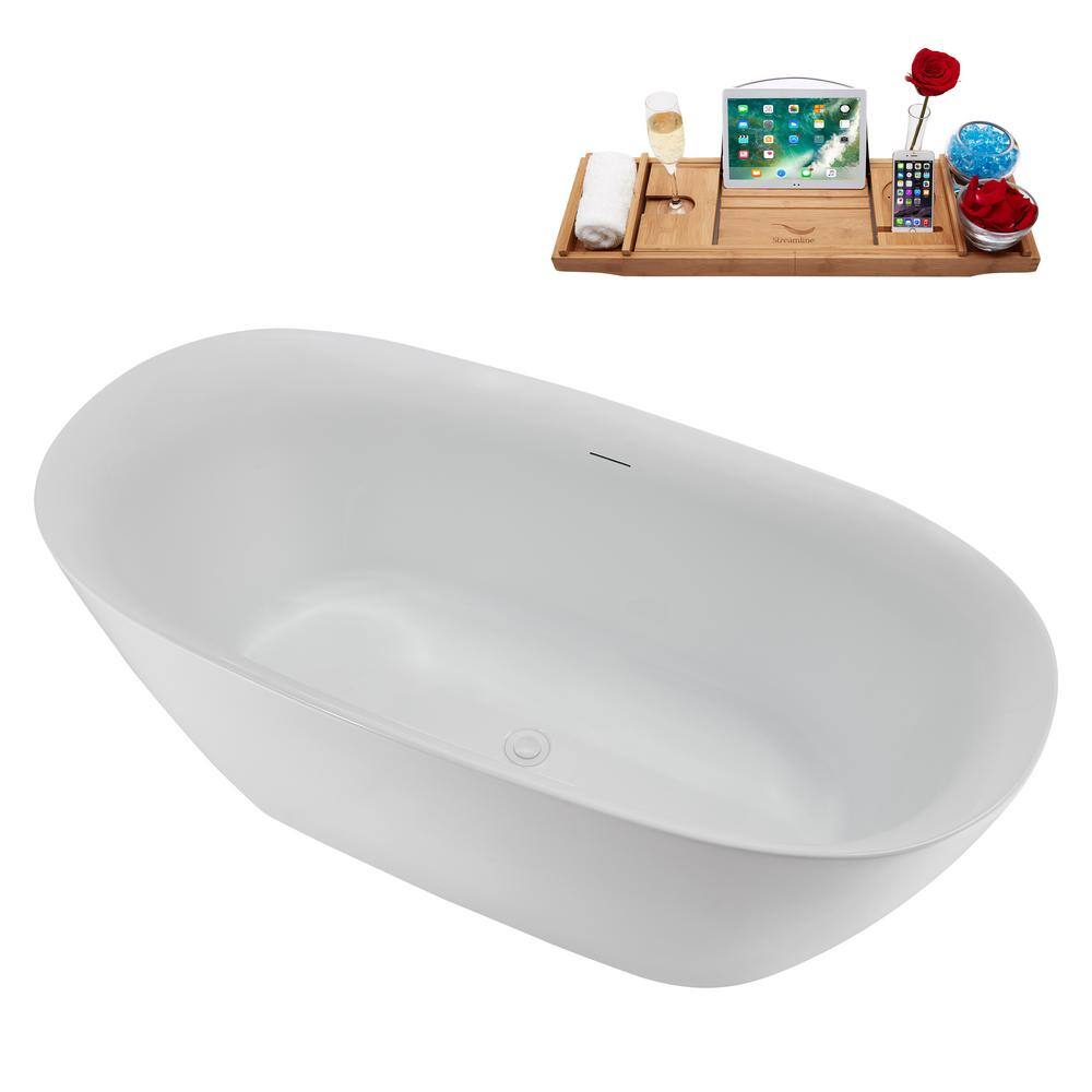 59" Glossy White Acrylic Freestanding Soaking Tub with Tray