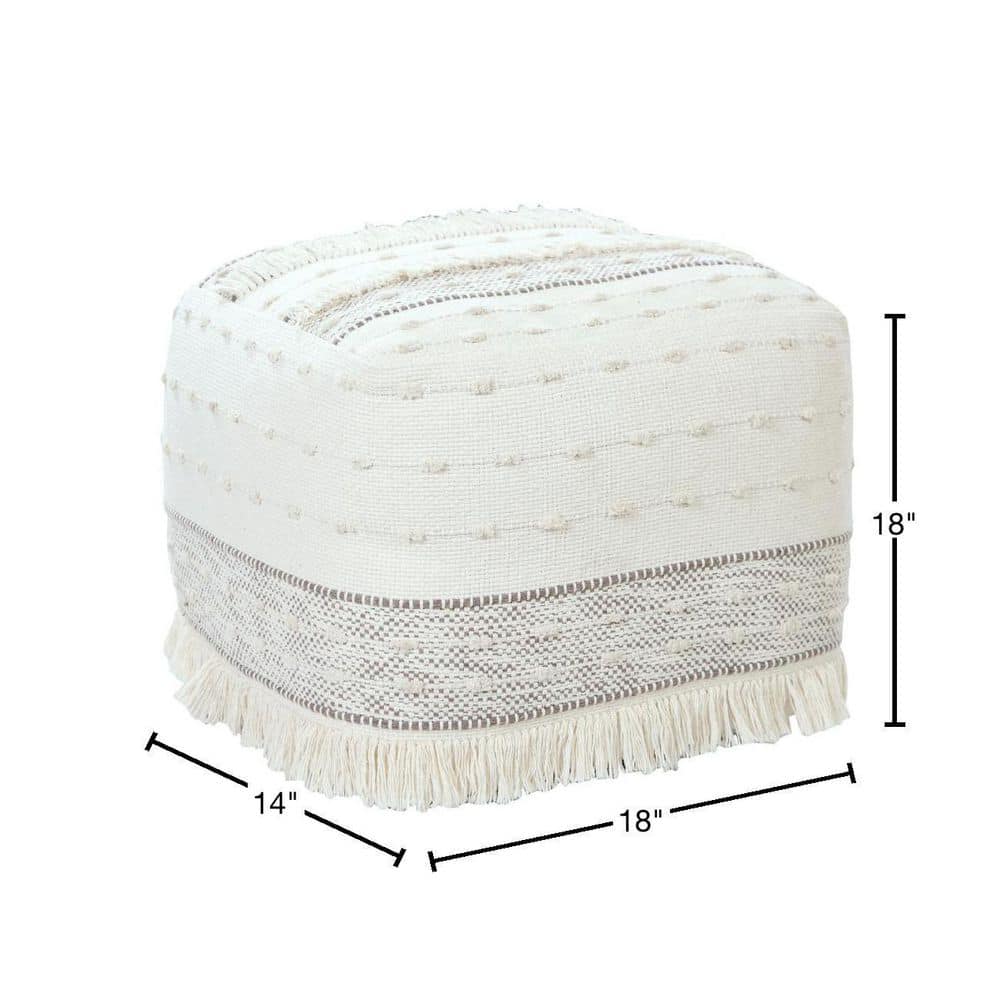 Ivory and Brown Shag Fringe Textured Square Pouf, 18" x 14"