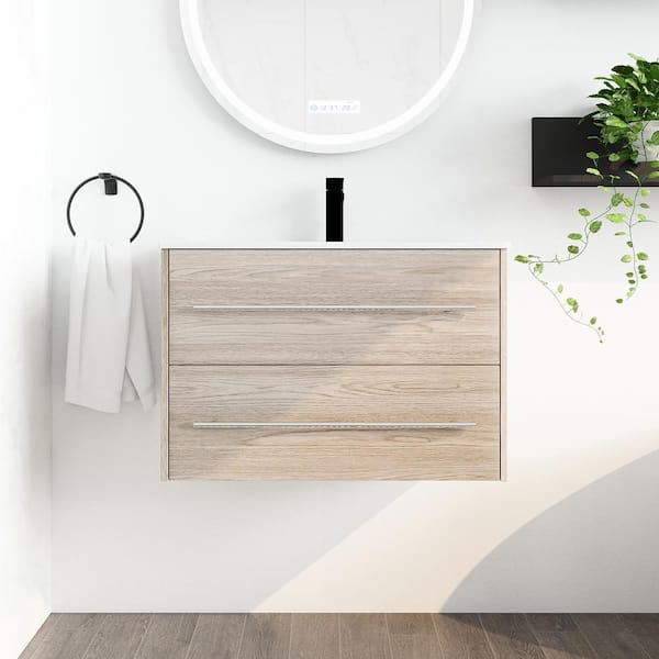 Staykiwi 30 in. W x 18 in. D x 20.5 in. H Floating Bath Vanity in White Oak with White Acrylic Top