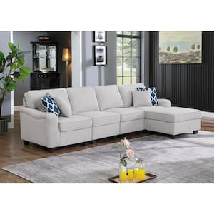 119 in. W Linen 5-Seater Linen Sofa with Ottoman in Light Gray