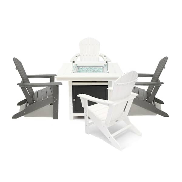 LuXeo Park City 42 in. 2-Tone White Square Fire Pit,5-Piece Plastic Patio Conversation Set with 2 White-Gray Hampton Chairs