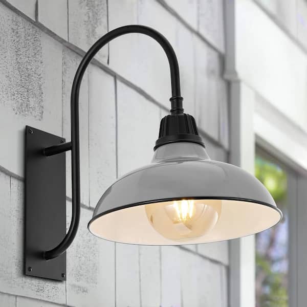 JONATHAN Y Stanley 12.25 in. Gray 1-Light Farmhouse Industrial Indoor/Outdoor Iron LED Gooseneck Arm Outdoor Sconce