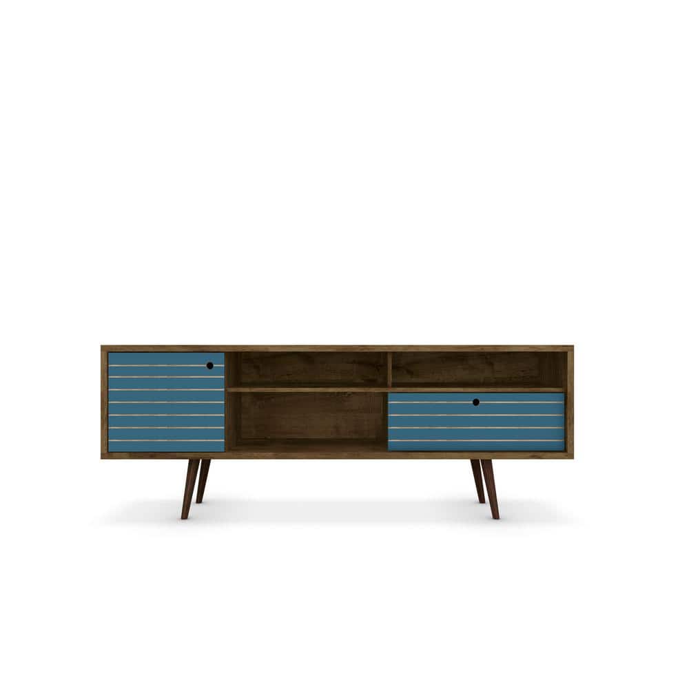 Mid-Century Modern Brown and Blue TV Stand with Cabinet