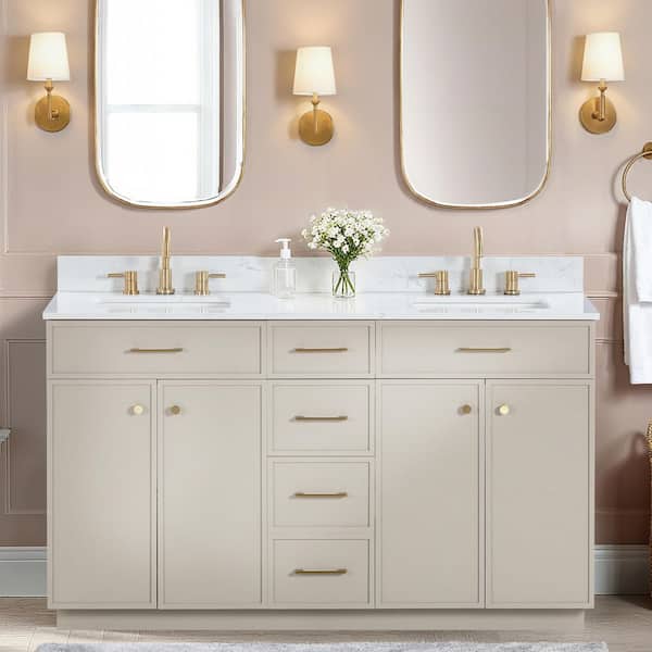Marcote 60 in. Double Sink Greige Bath Vanity with White Volakas Engineered Marble Top (Assembled)