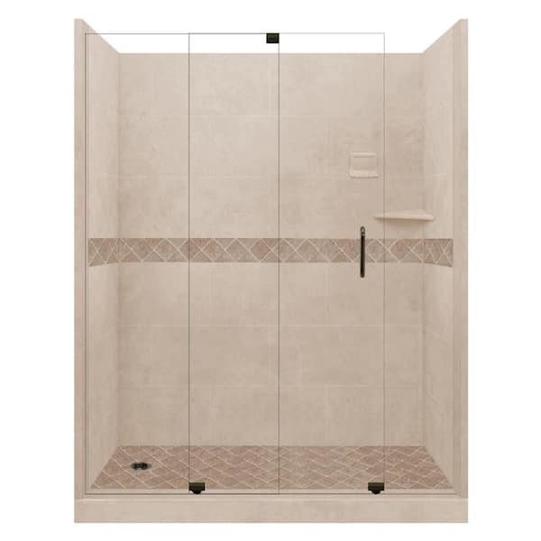 American Bath Factory Espresso Diamond Slider 34 in. x 60 in. x 80 in. Left Drain Alcove Shower Kit in Brown Sugar and Old Bronze Hardware