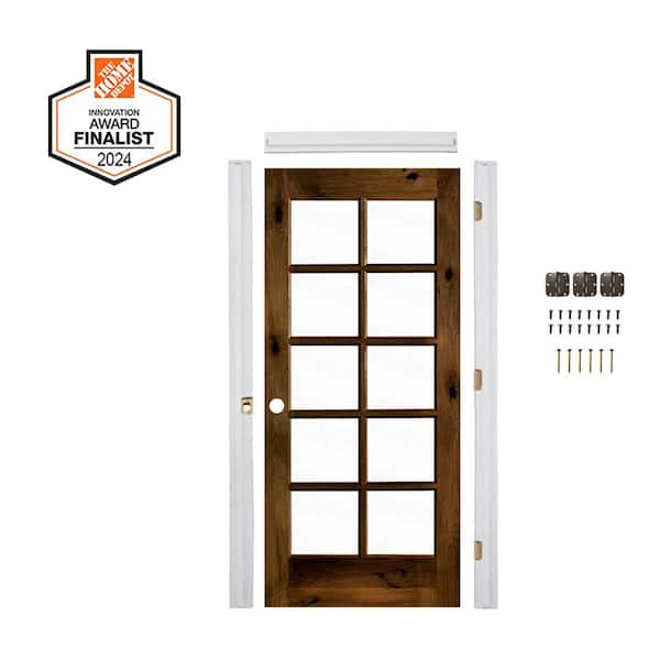 DIY 32in.x80in. Right-Hand 10-Lite ClearGlass Provincial Stain Alder Wood Single Interior Door Kit w/Quick Assemble Jamb