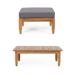 2-Piece Teak Wood Outdoor Ottoman with Gray Cushion and Coffee Table for Backyard, Porch, Poolside and Garden