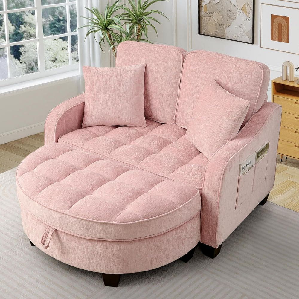 Modern Pink Chenille Tufted Armrest 2-Seater Chaise Lounge with Storage Ottoman and 2 Small Throw Pillows