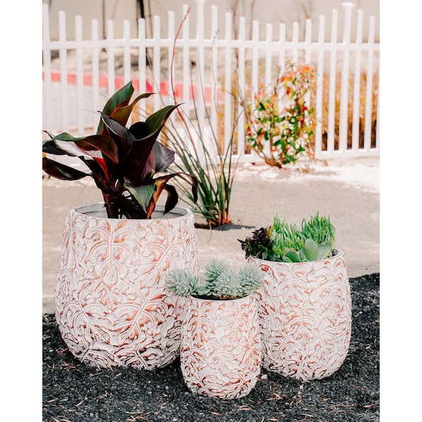 XBRAND 19.3", 15.4" and 12.2"H Tall Beige and Golden Fiberstone/Cement Indoor Outdoor Planters with Drain Hole (Set of 3)